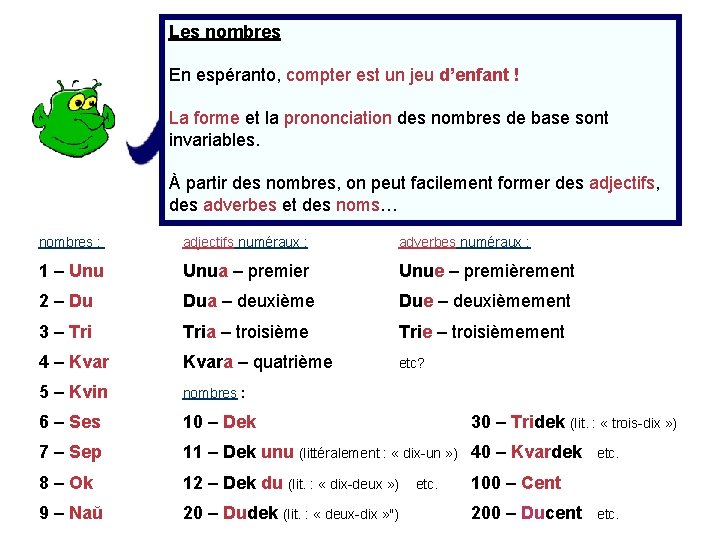 Les nombres En espéranto, compter est un jeu d’enfant ! La forme et la