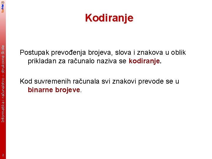 Informatika i računalstvo – strukovne škole Kodiranje 2 Postupak prevođenja brojeva, slova i znakova