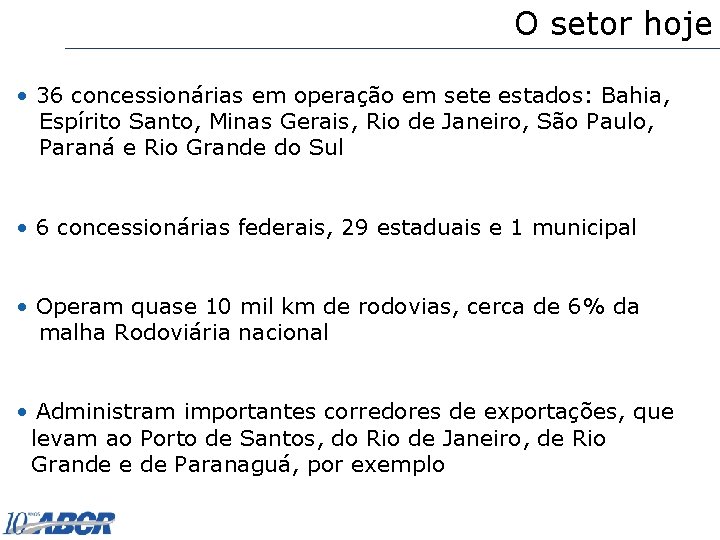 O setor hoje • 36 concessionárias em operação em sete estados: Bahia, Espírito Santo,