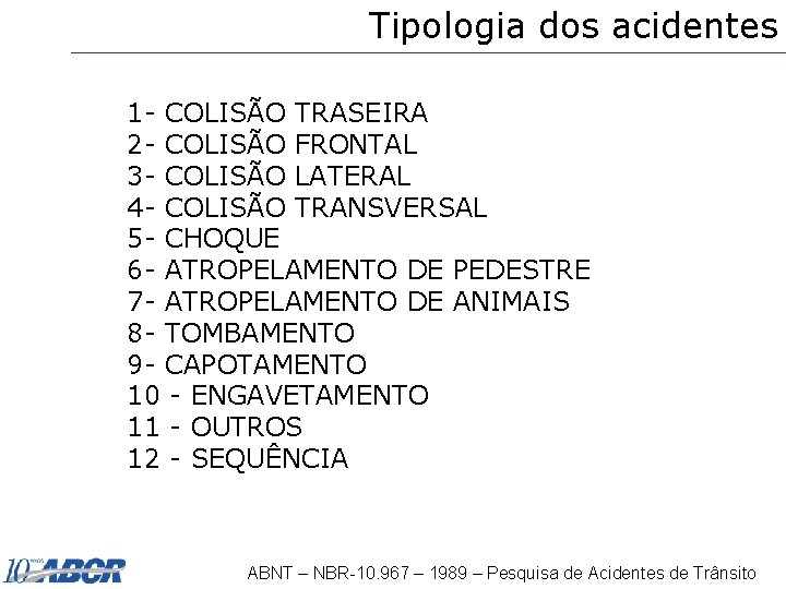 Tipologia dos acidentes 1 - COLISÃO TRASEIRA 2 - COLISÃO FRONTAL 3 - COLISÃO