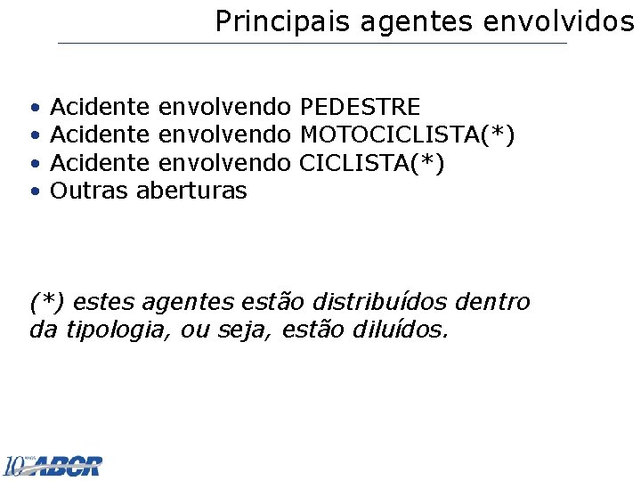 Principais agentes envolvidos • • Acidente envolvendo PEDESTRE Acidente envolvendo MOTOCICLISTA(*) Acidente envolvendo CICLISTA(*)