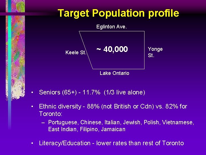 Target Population profile Eglinton Ave. Keele St. ~ 40, 000 Yonge St. Lake Ontario