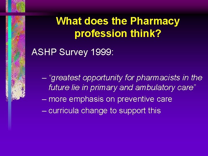 What does the Pharmacy profession think? ASHP Survey 1999: – “greatest opportunity for pharmacists