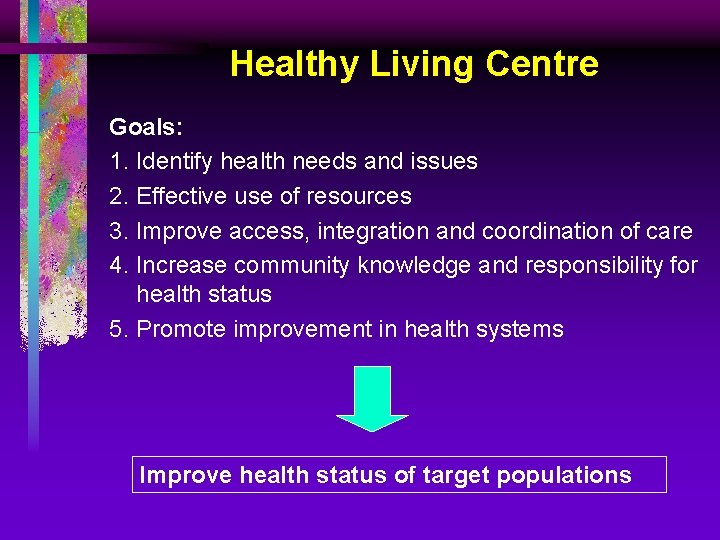 Healthy Living Centre Goals: 1. Identify health needs and issues 2. Effective use of