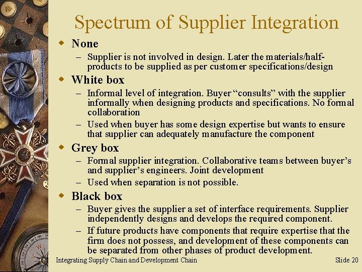 Spectrum of Supplier Integration w None – Supplier is not involved in design. Later