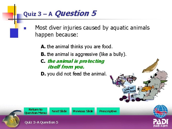 Quiz 3 – A Question n 5 Most diver injuries caused by aquatic animals