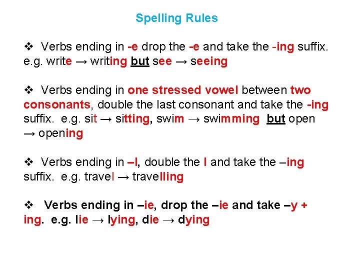 Spelling Rules v Verbs ending in -e drop the -e and take the -ing