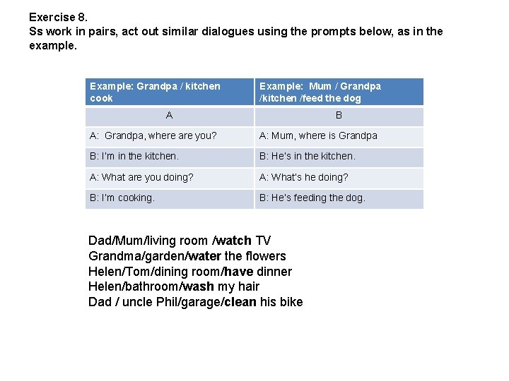 Exercise 8. Ss work in pairs, act out similar dialogues using the prompts below,