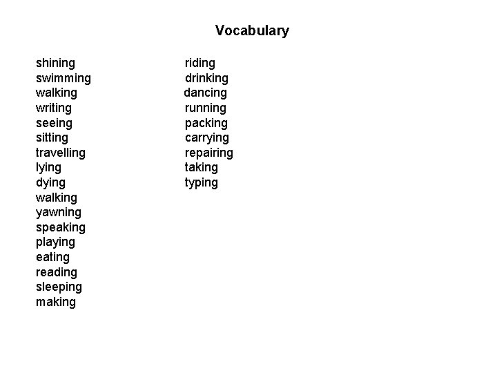 Vocabulary shining swimming walking writing seeing sitting travelling lying dying walking yawning speaking playing
