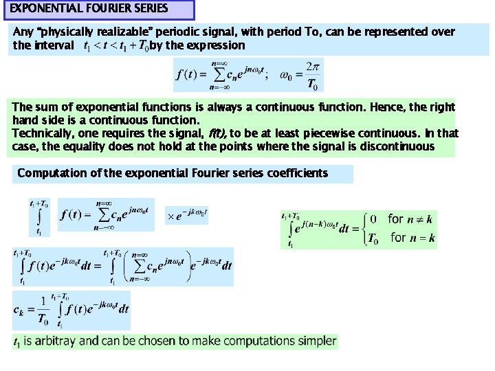EXPONENTIAL FOURIER SERIES Any “physically realizable” periodic signal, with period To, can be represented