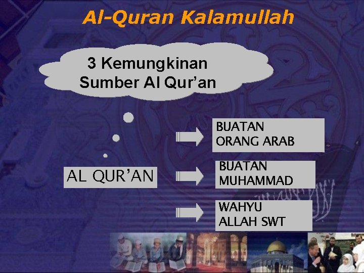 Al-Quran Kalamullah 3 Kemungkinan Sumber Al Qur’an BUATAN ORANG ARAB AL QUR’AN BUATAN MUHAMMAD