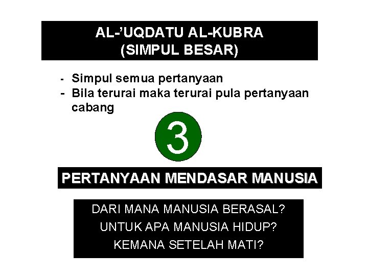 AL-’UQDATU AL-KUBRA (SIMPUL BESAR) Simpul semua pertanyaan - Bila terurai maka terurai pula pertanyaan