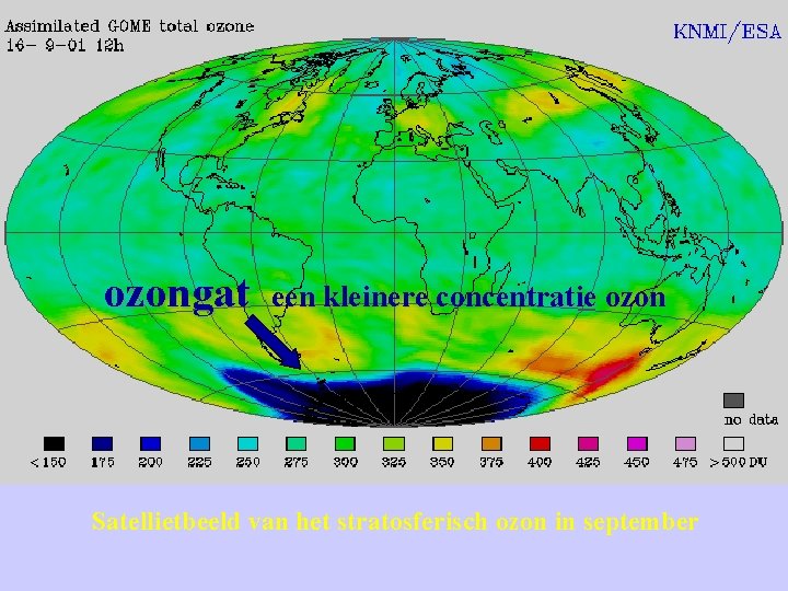 ozongat een kleinere concentratie ozon Satellietbeeld van het stratosferisch ozon in september 