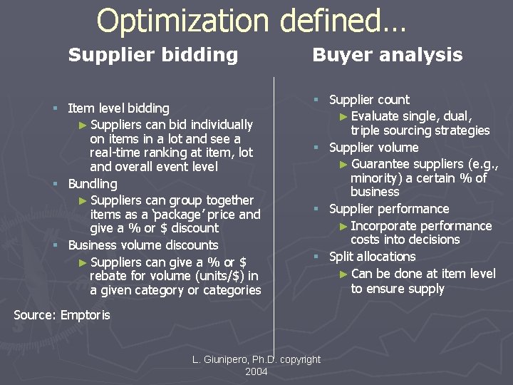 Optimization defined… Supplier bidding § Item level bidding ► Suppliers can bid individually on