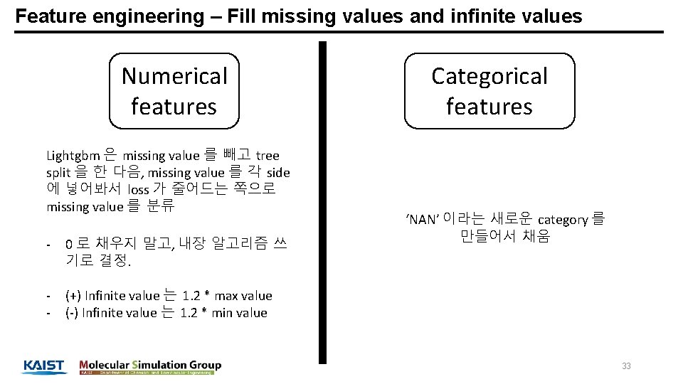 Feature engineering – Fill missing values and infinite values Numerical features Lightgbm 은 missing