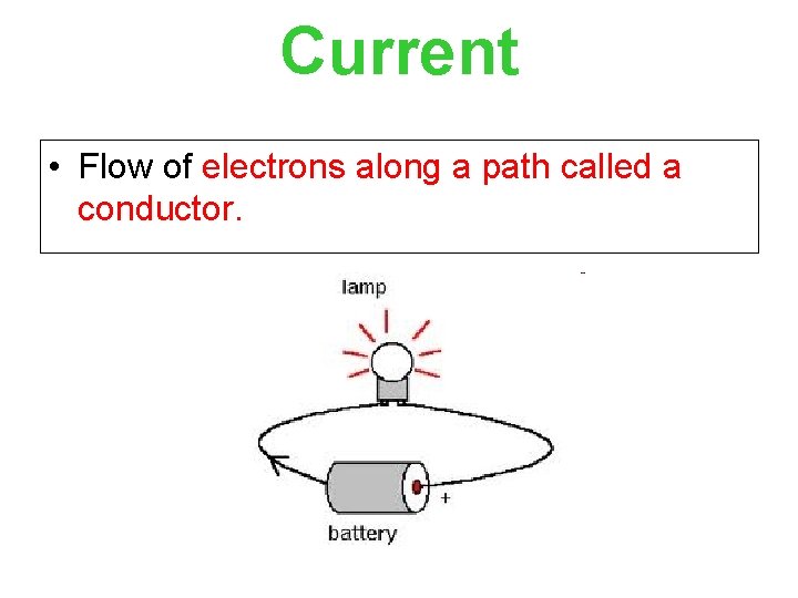 Current • Flow of electrons along a path called a conductor. 