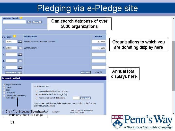 Pledging via e-Pledge site Can search database of over 5000 organizations Organizations to which