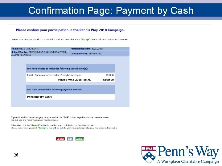Confirmation Page: Payment by Cash 26 