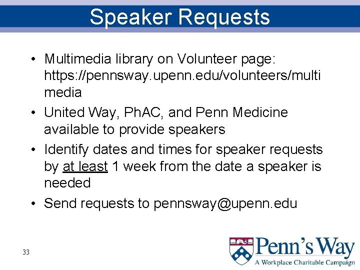 Speaker Requests • Multimedia library on Volunteer page: https: //pennsway. upenn. edu/volunteers/multi media •