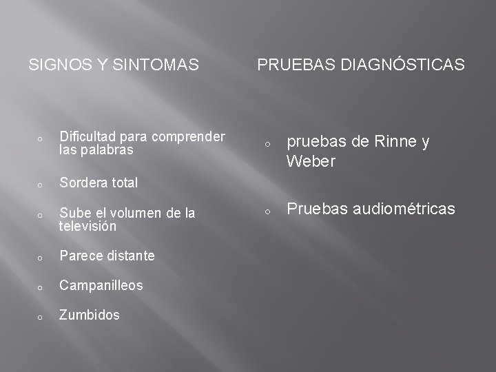 SIGNOS Y SINTOMAS o Dificultad para comprender las palabras o Sordera total o Sube