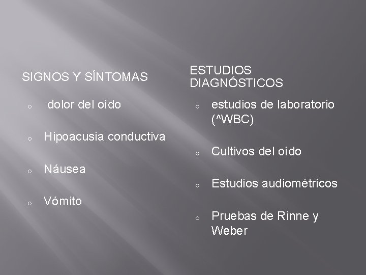 SIGNOS Y SÍNTOMAS o dolor del oído o Hipoacusia conductiva o o ESTUDIOS DIAGNÓSTICOS