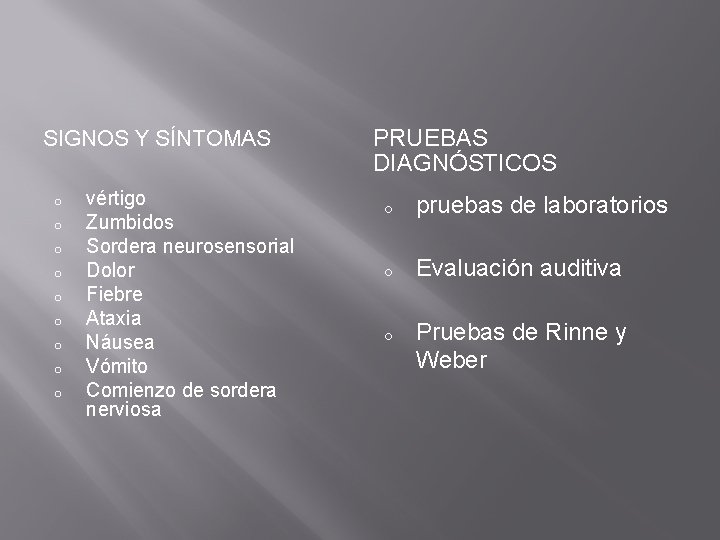 SIGNOS Y SÍNTOMAS o o o o o vértigo Zumbidos Sordera neurosensorial Dolor Fiebre