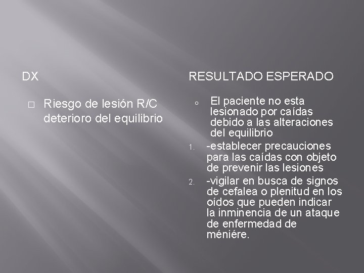 DX � RESULTADO ESPERADO Riesgo de lesión R/C deterioro del equilibrio o 1. 2.