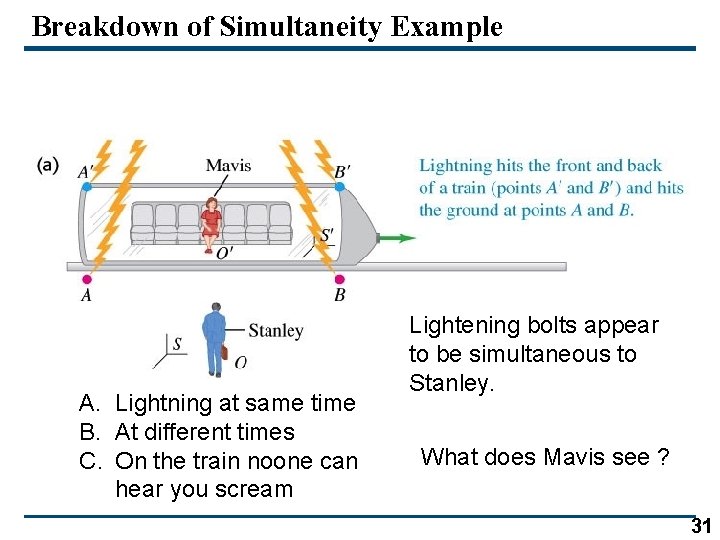 Breakdown of Simultaneity Example A. Lightning at same time B. At different times C.