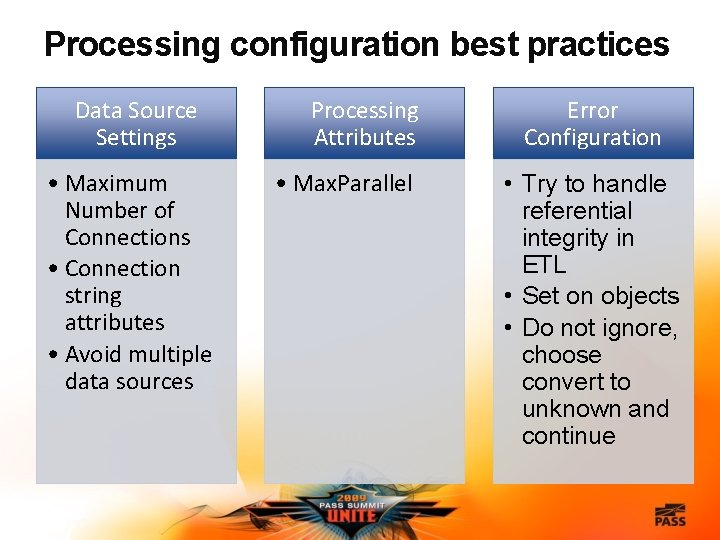Processing configuration best practices Data Source Settings • Maximum Number of Connections • Connection