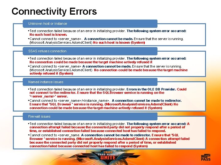 Connectivity Errors Unknown host or instance • Test connection failed because of an error