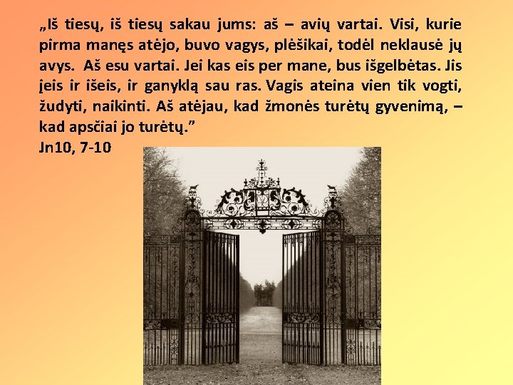 „Iš tiesų, iš tiesų sakau jums: aš – avių vartai. Visi, kurie pirma manęs