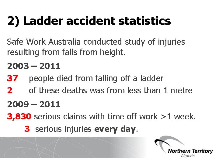 2) Ladder accident statistics Safe Work Australia conducted study of injuries resulting from falls