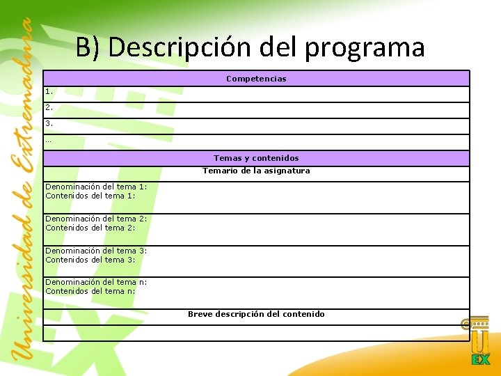 B) Descripción del programa Competencias 1. 2. 3. … Temas y contenidos Temario de