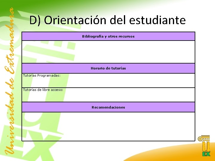 D) Orientación del estudiante Bibliografía y otros recursos Horario de tutorías Tutorías Programadas: Tutorías