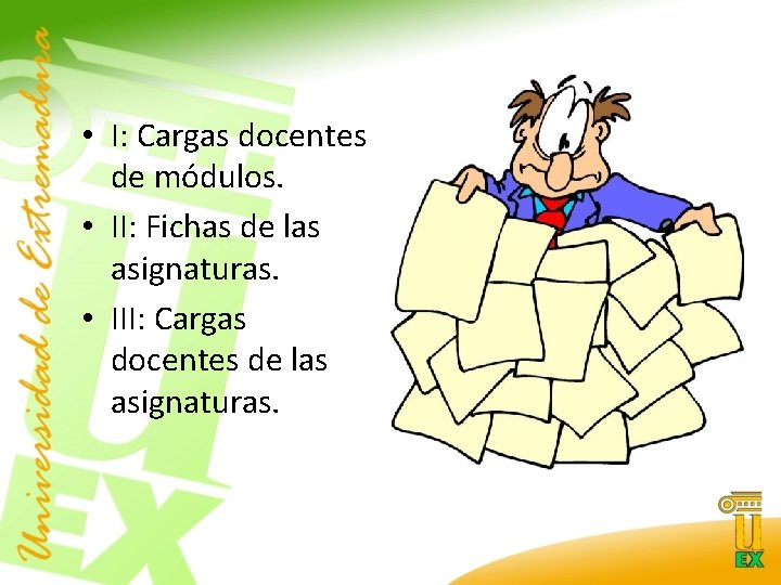  • I: Cargas docentes de módulos. • II: Fichas de las asignaturas. •