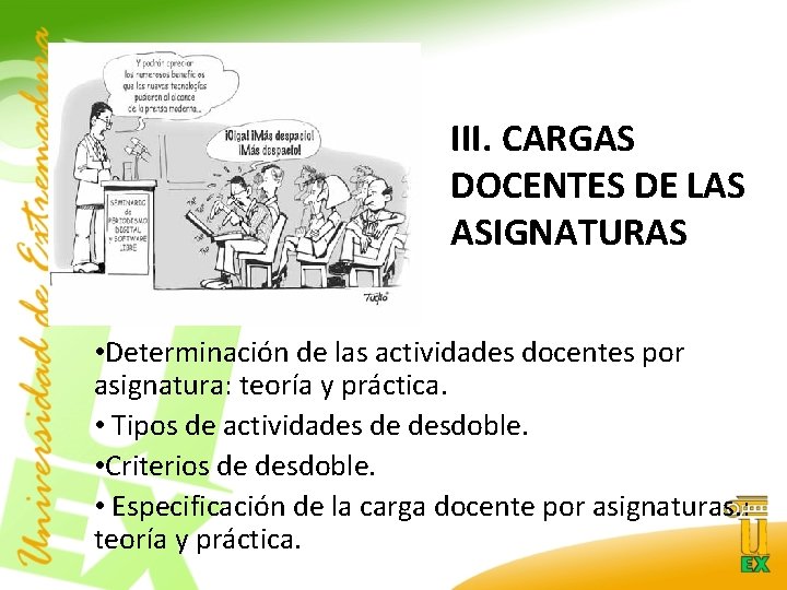 III. CARGAS DOCENTES DE LAS ASIGNATURAS • Determinación de las actividades docentes por asignatura: