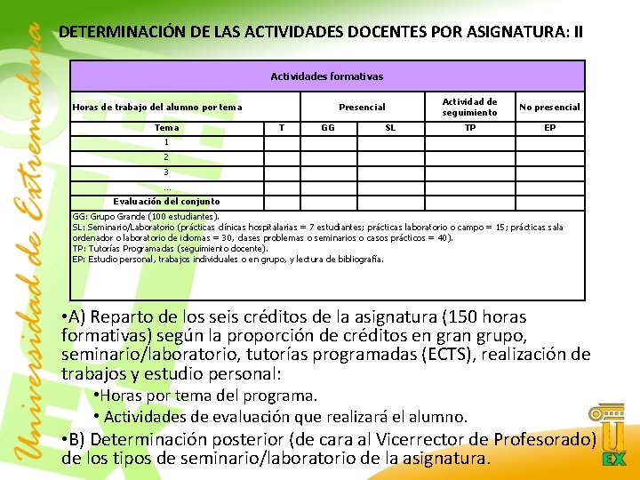 DETERMINACIÓN DE LAS ACTIVIDADES DOCENTES POR ASIGNATURA: II Actividades formativas Horas de trabajo del