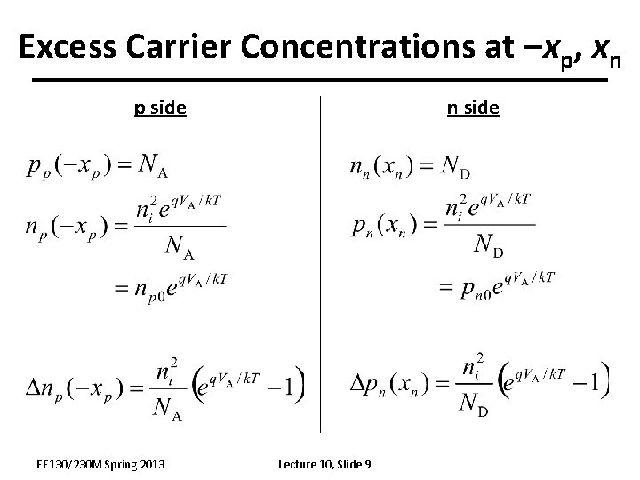 Excess Carrier Concentrations at –xp, xn p side EE 130/230 M Spring 2013 n