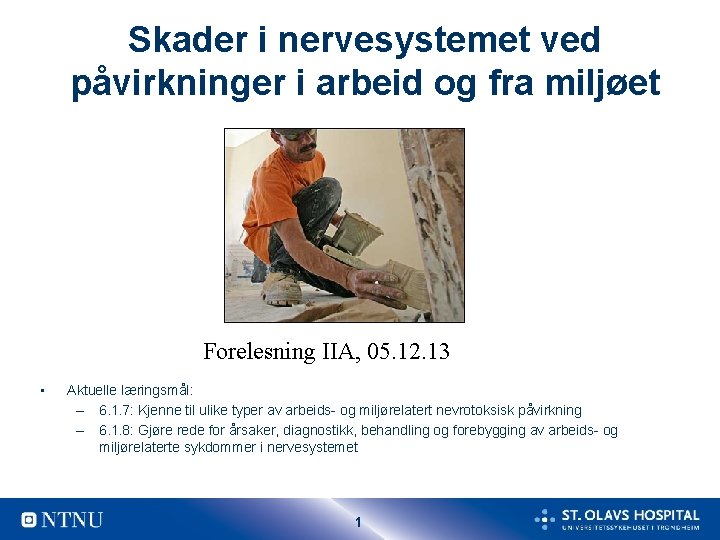 Skader i nervesystemet ved påvirkninger i arbeid og fra miljøet Forelesning IIA, 05. 12.