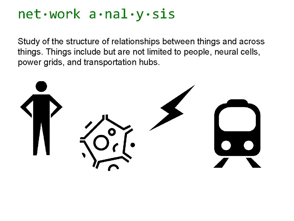 net·work a·nal·y·sis Study of the structure of relationships between things and across things. Things