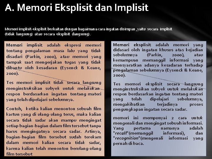 A. Memori Eksplisit dan Implisit Memori implisit-eksplisit berkaitan dengan bagaimana cara ingatan disimpan ,