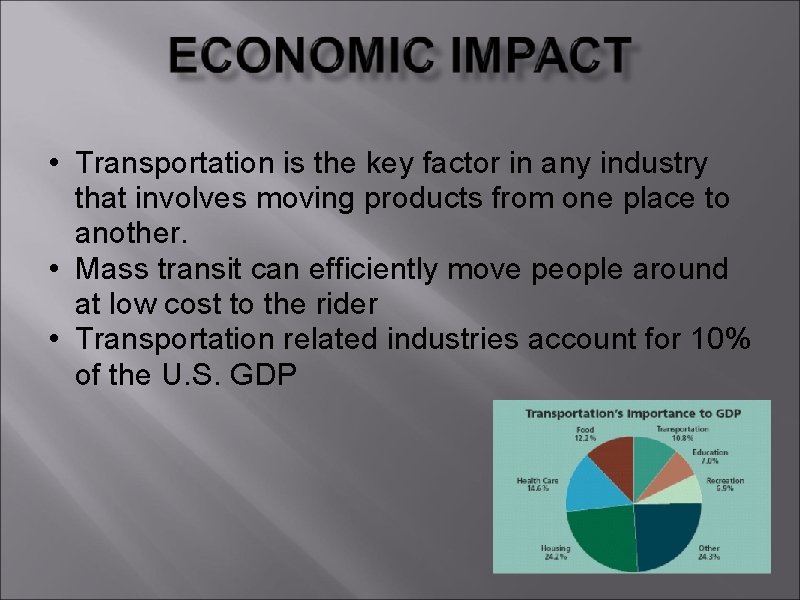  • Transportation is the key factor in any industry that involves moving products