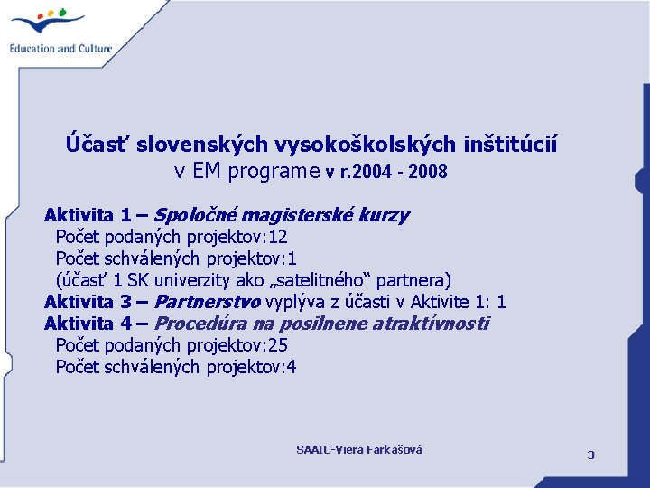 Účasť slovenských vysokoškolských inštitúcií v EM programe v r. 2004 - 2008 Aktivita 1