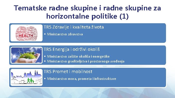 Tematske radne skupine i radne skupine za horizontalne politike (1) TRS Zdravlje i kvaliteta