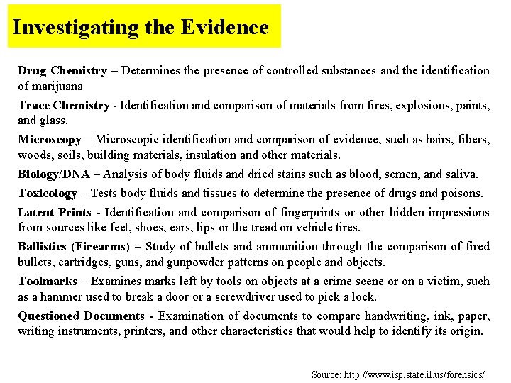 Investigating the Evidence Drug Chemistry – Determines the presence of controlled substances and the