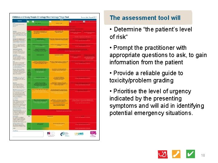 The assessment tool will • Determine “the patient’s level of risk“ • Prompt the