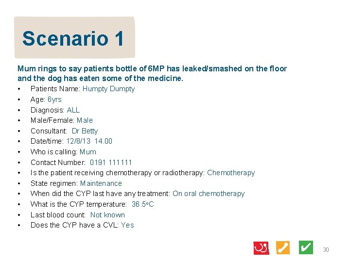 Scenario 1 Mum rings to say patients bottle of 6 MP has leaked/smashed on