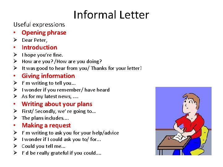 Useful expressions • Opening phrase Informal Letter Ø Dear Peter, • Introduction Ø I