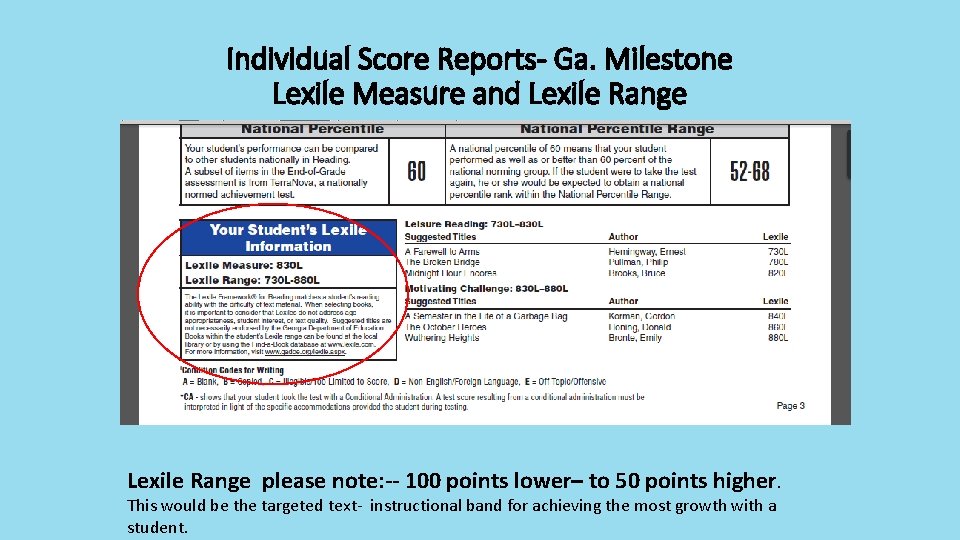 Individual Score Reports- Ga. Milestone Lexile Measure and Lexile Range please note: -- 100