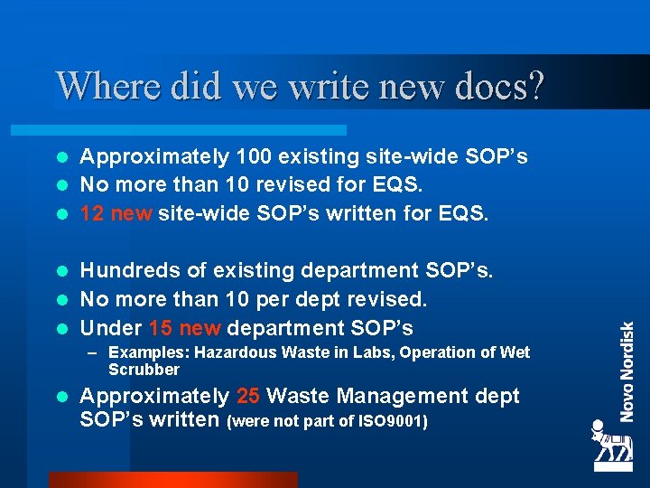 Where did we write new docs? Approximately 100 existing site-wide SOP’s l No more